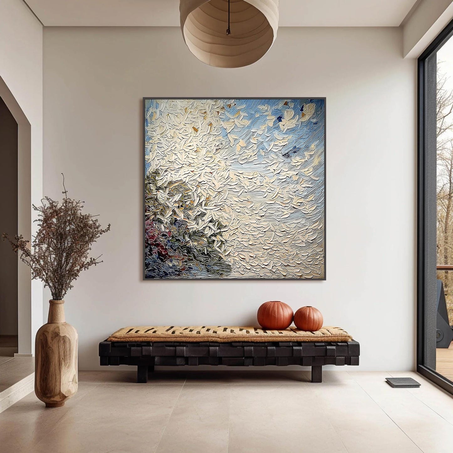Blue and White Abstract Impasto Floral Wall Art – White
