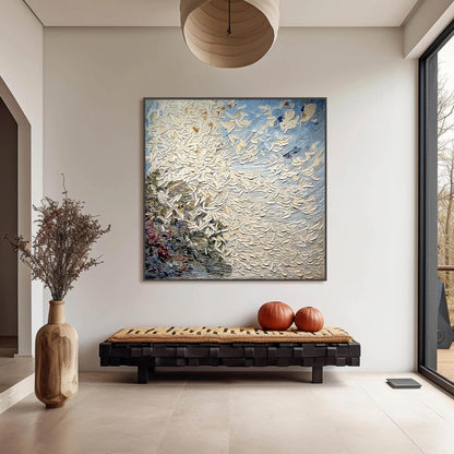 Blue and White Abstract Impasto Floral Wall Art – White