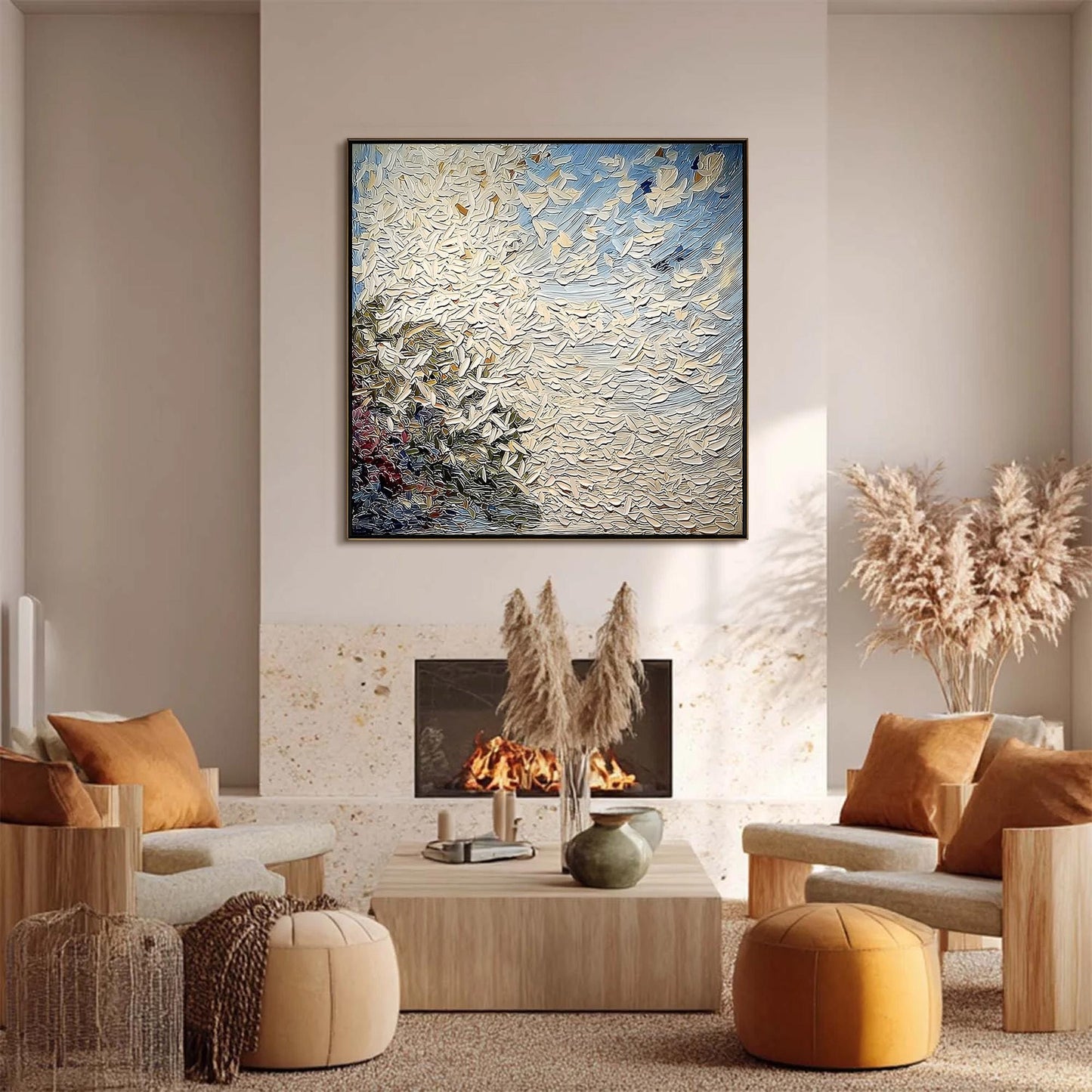 Blue and White Abstract Impasto Floral Wall Art – White