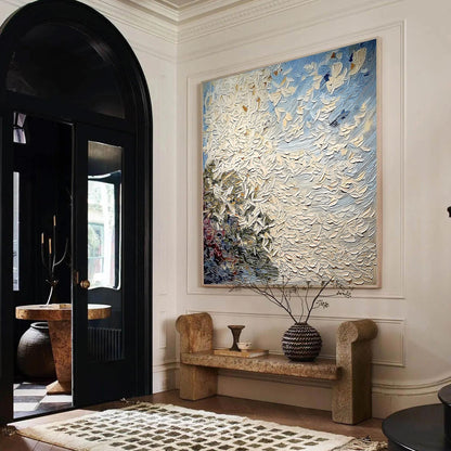 White – Blue and White Floral Wall Art | Abstract Impasto Painting, view 2