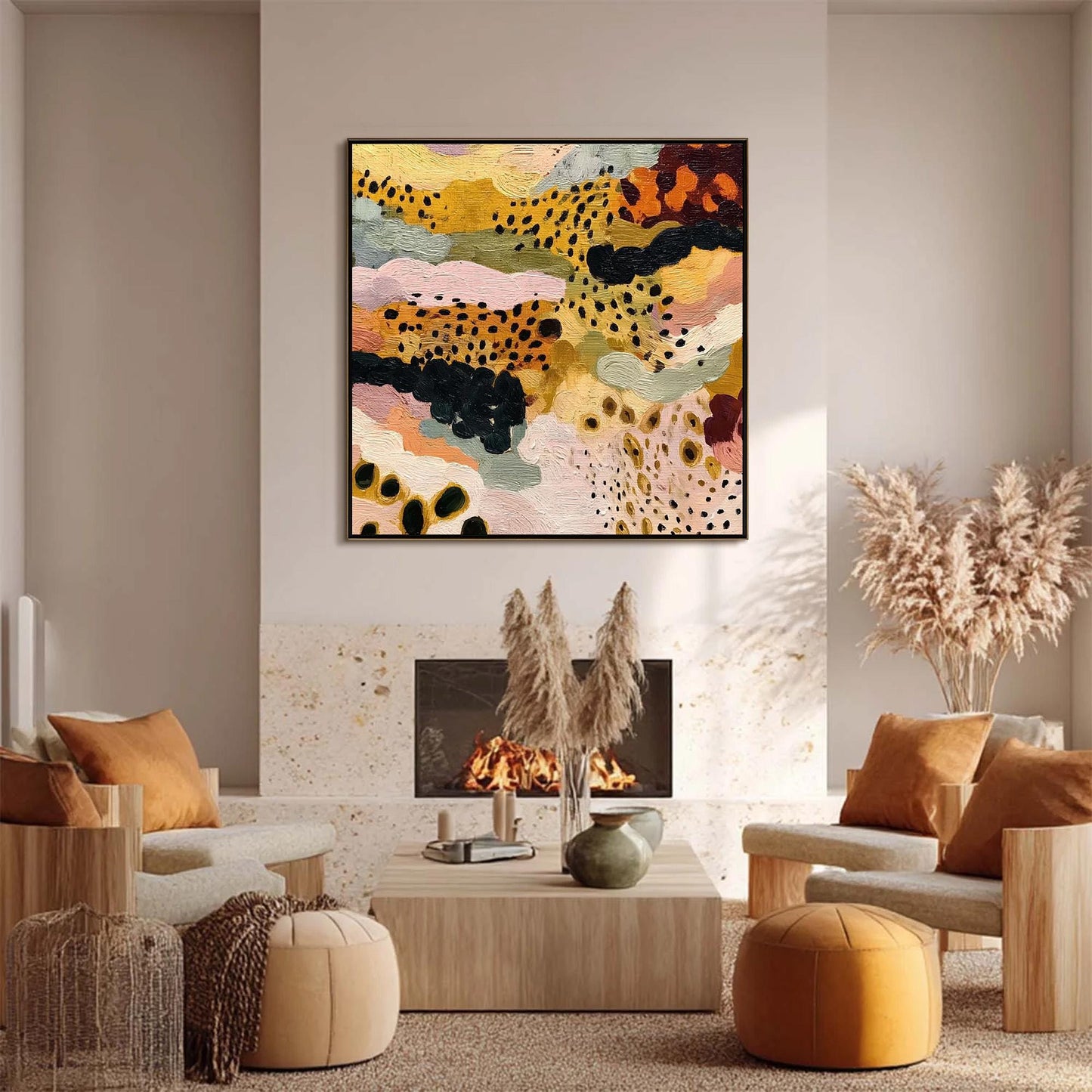 Sage and Gold Textured Abstract Boho Wall Art – Mustard Pink