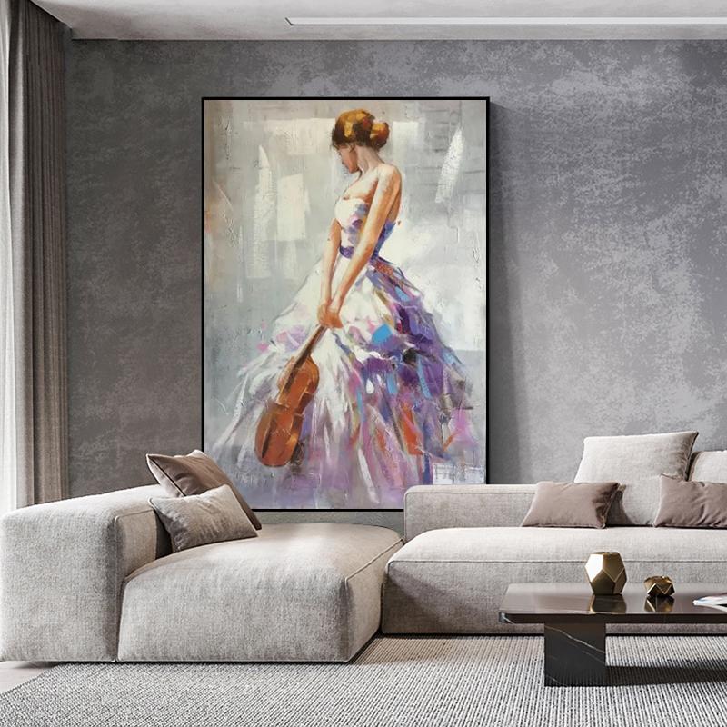 Impressionist Woman With Violin Painting - Elegant Female Figure in Flowing Purple Dress, Musical Wall Art for Living Room, Home Decor
