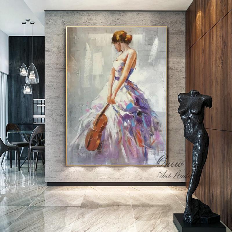 Impressionist Woman With Violin Painting - Elegant Female Figure in Flowing Purple Dress, Musical Wall Art for Living Room, Home Decor