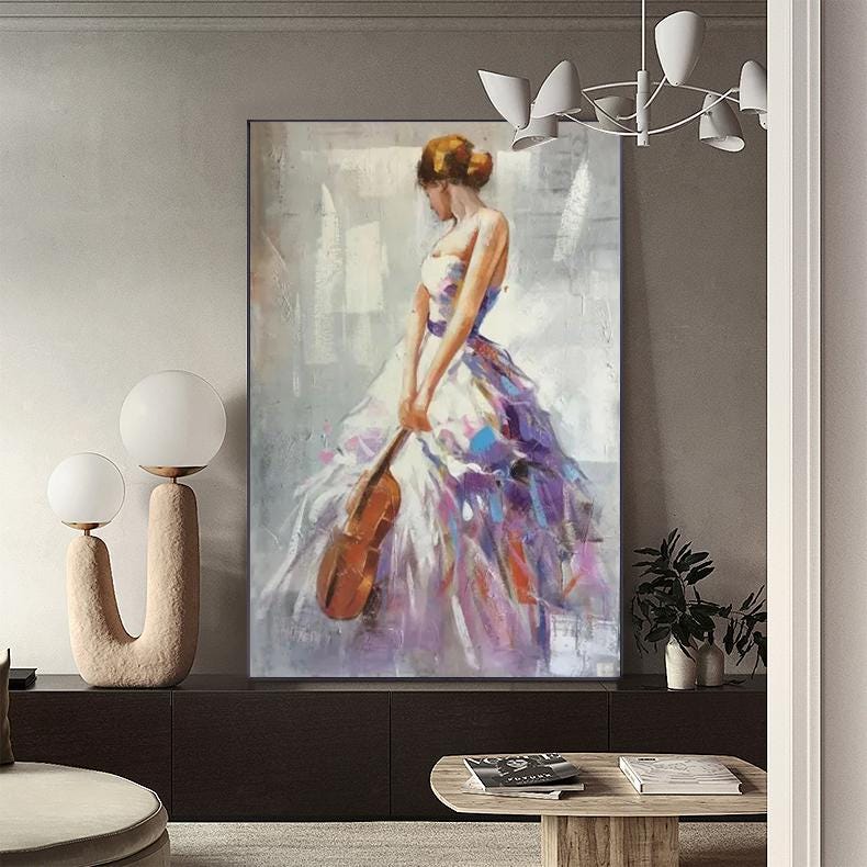 Impressionist Woman With Violin Painting - Elegant Female Figure in Flowing Purple Dress, Musical Wall Art for Living Room, Home Decor