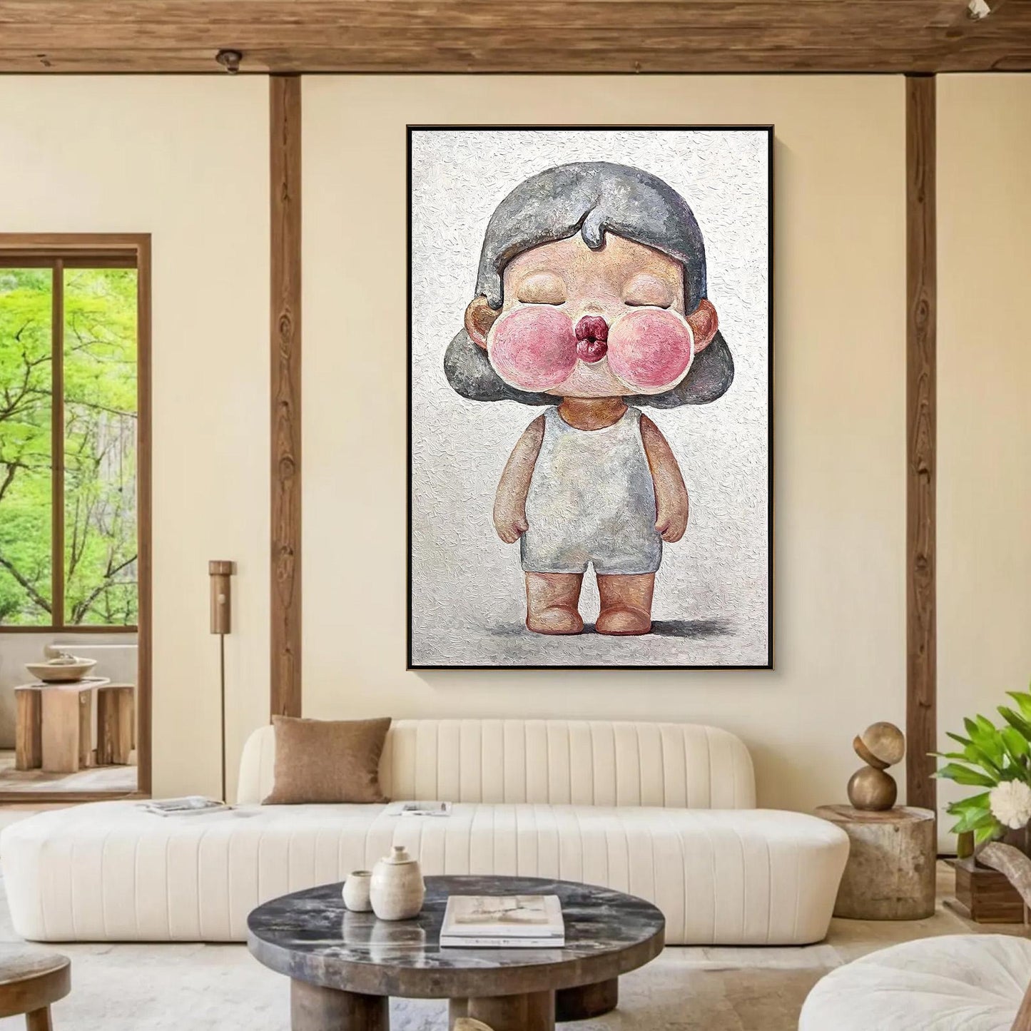 Pink Textured Figure Portrait Wall Art – Whimsical Child Portrait Oil Painting