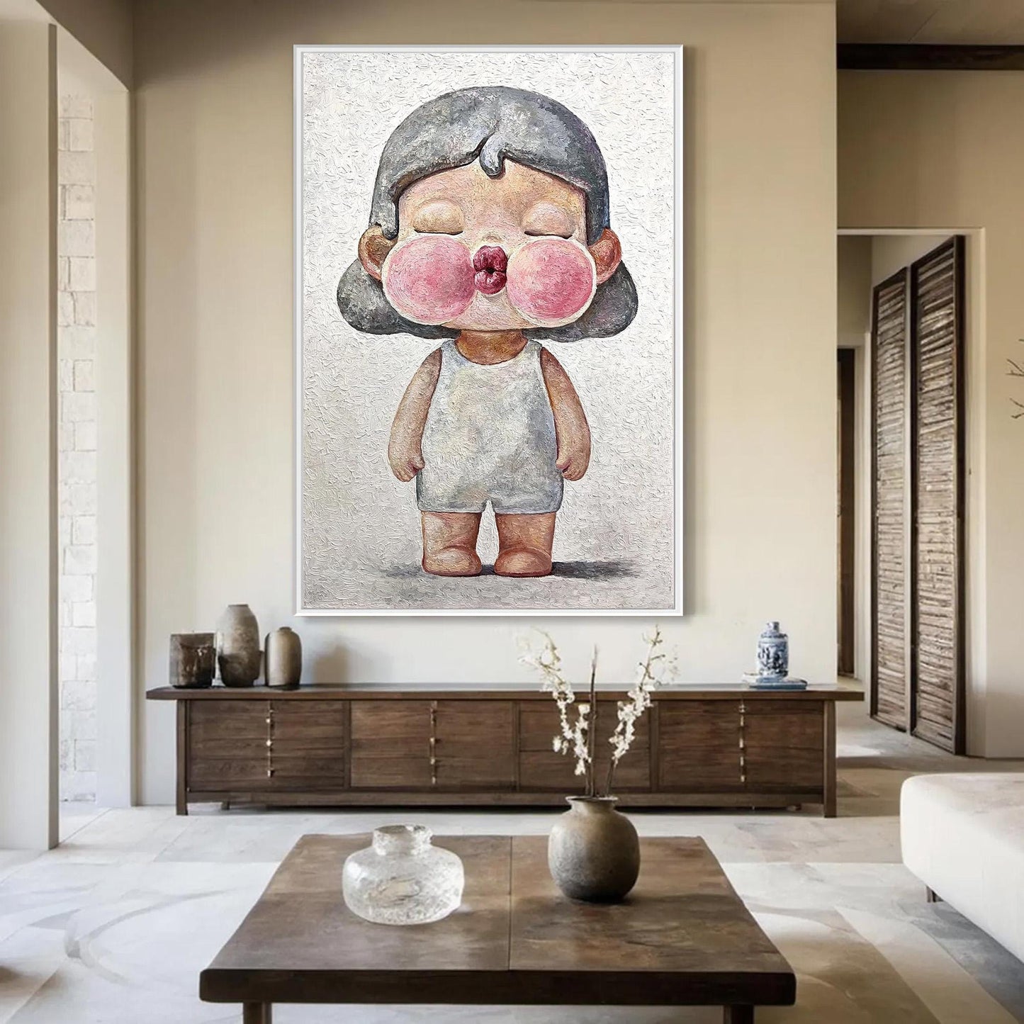 Pink Textured Figure Portrait Wall Art – Whimsical Child Portrait Oil Painting