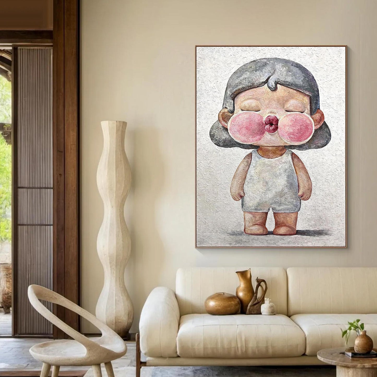 Pink Textured Figure Portrait Wall Art – Whimsical Child Portrait Oil Painting
