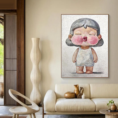 Pink Textured Figure Portrait Wall Art – Whimsical Child Portrait Oil Painting