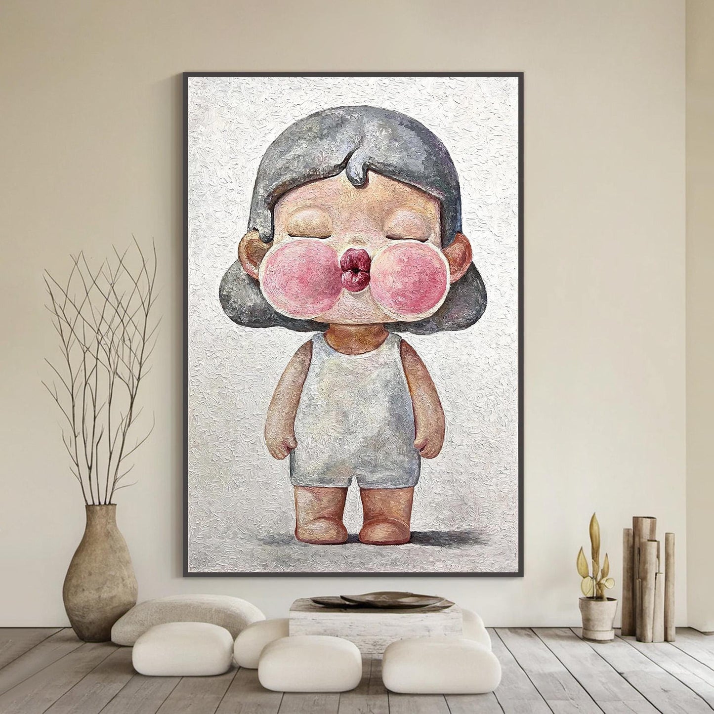 Whimsical Child Portrait Oil Painting – Pink Figurative Figure Portrait Wall Art | Textured Hand-Painted Oil Painting, view 1
