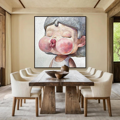 Pink Textured Figure Portrait Wall Art – Kawaii Child Portrait Oil Painting