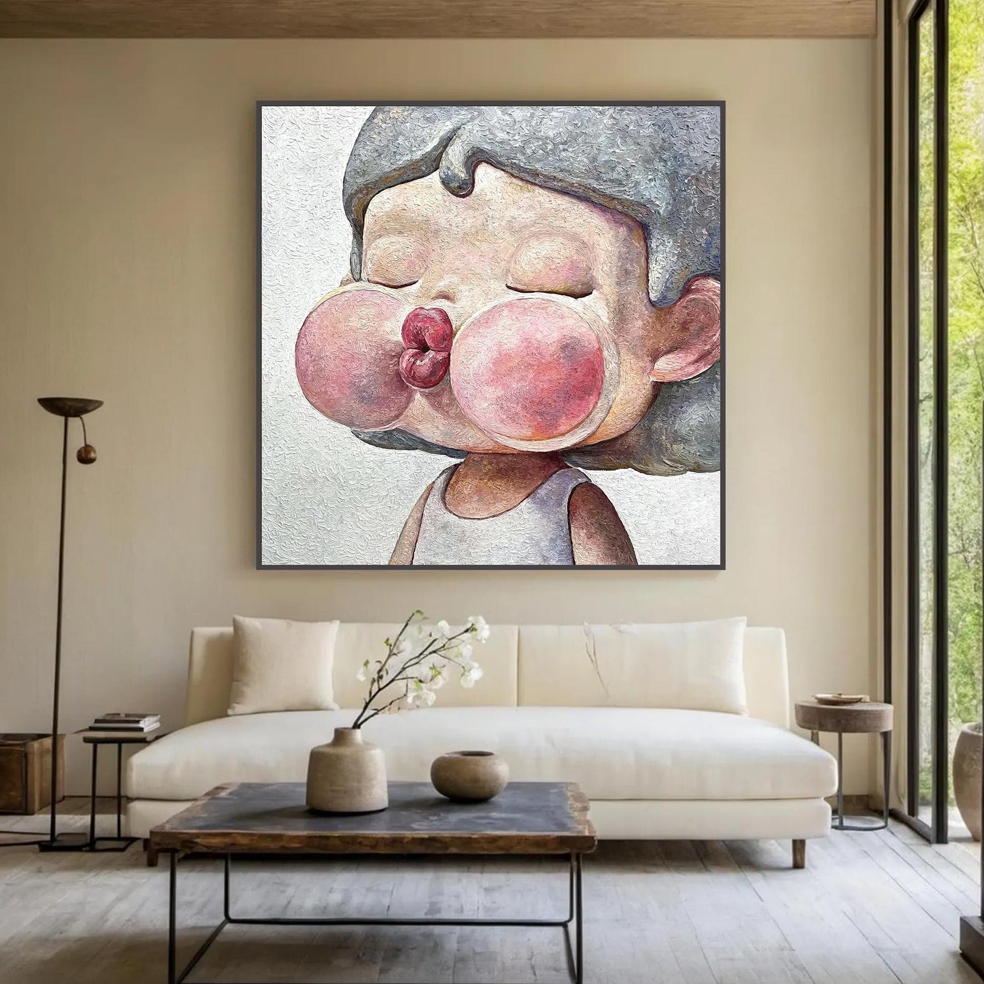 Kawaii Child Portrait Oil Painting – Pink Figurative Figure Portrait Wall Art | Textured Hand-Painted Oil Painting, view 4