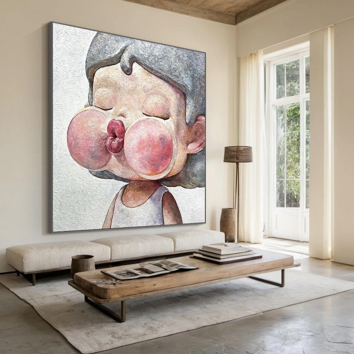 Kawaii Child Portrait Oil Painting – Pink Figurative Figure Portrait Wall Art | Textured Hand-Painted Oil Painting, view 3