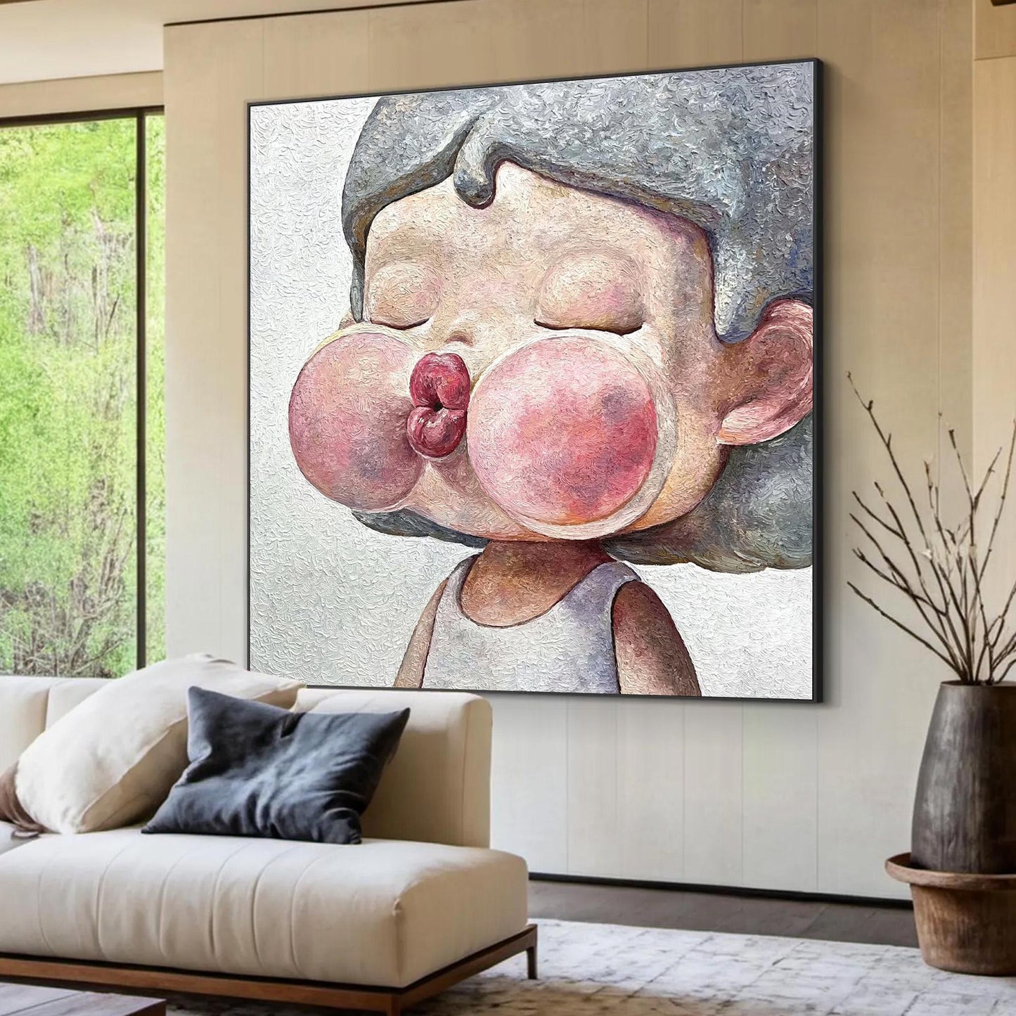 Kawaii Child Portrait Oil Painting – Pink Figurative Figure Portrait Wall Art | Textured Hand-Painted Oil Painting, view 2