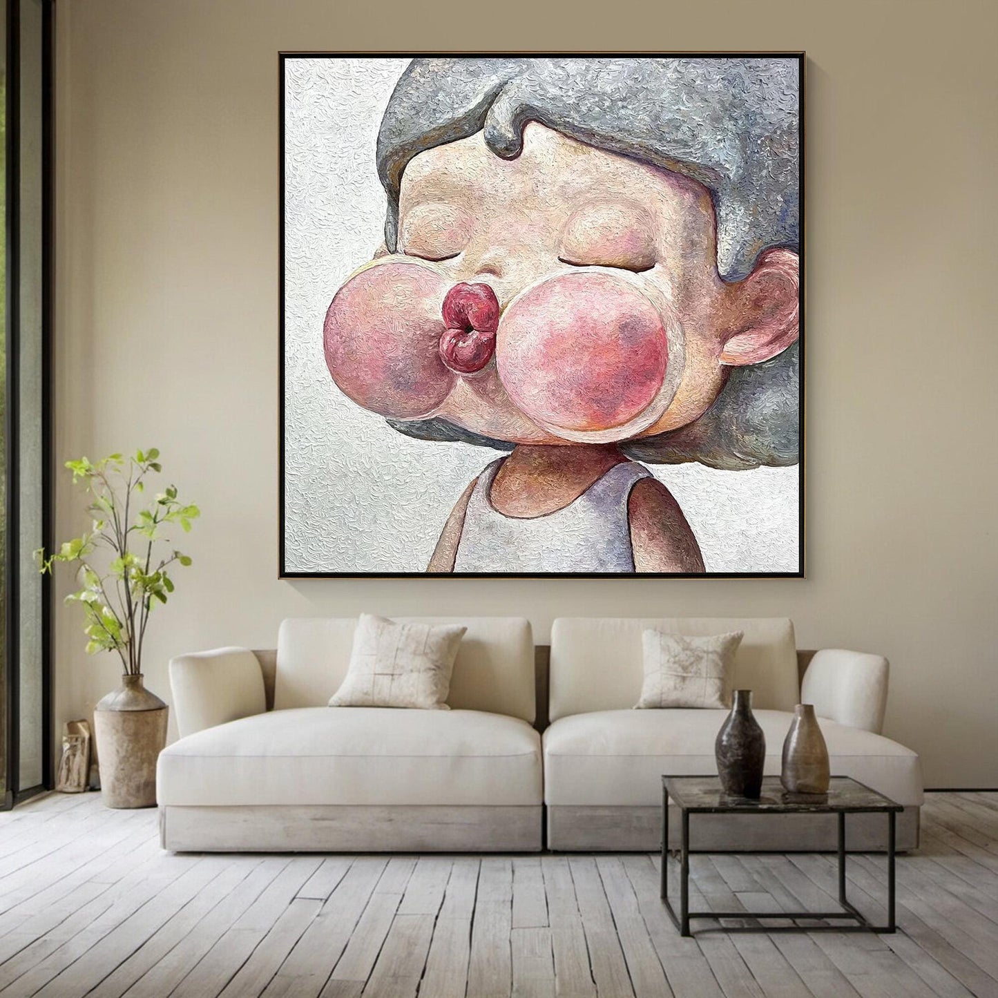 Kawaii Child Portrait Oil Painting – Pink Figurative Figure Portrait Wall Art | Textured Hand-Painted Oil Painting, view 1