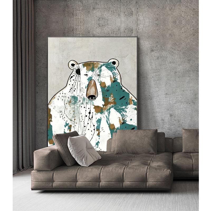 May include: Large canvas art print featuring a stylized bear illustration. The bear has a white body with teal and brown accents. The artwork is displayed above a brown sectional sofa with several throw pillows.