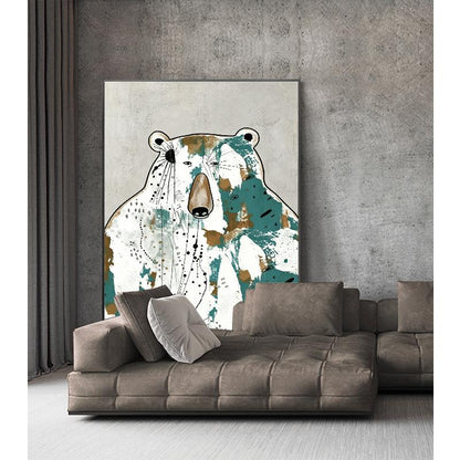 May include: Large canvas art print featuring a stylized bear illustration. The bear has a white body with teal and brown accents. The artwork is displayed above a brown sectional sofa with several throw pillows.