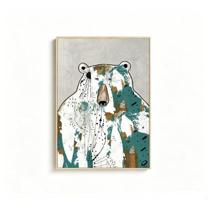 May include: A framed art print featuring a stylized bear illustration. The bear has a white body with teal and brown paint splotches. Black lines and dots add detail. The background is a light gray color.