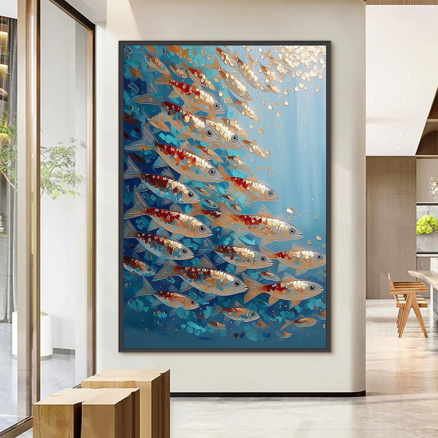 Koi Fish School Oil Painting – Turquoise and Gold Koi Fish Animal Wall Art | Hand-Painted Oil Painting, view 4