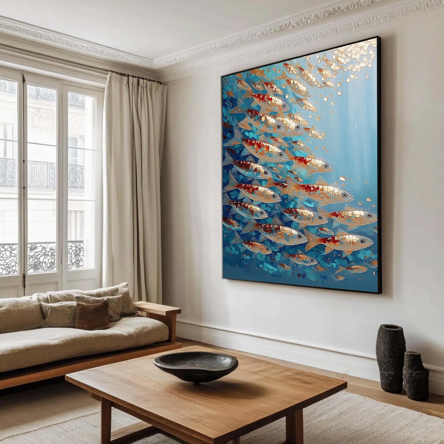 Koi Fish School Oil Painting – Turquoise and Gold Koi Fish Animal Wall Art | Hand-Painted Oil Painting, view 3