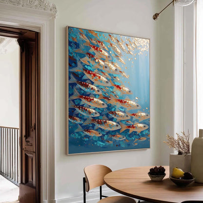 Koi Fish School Oil Painting – Turquoise and Gold Koi Fish Animal Wall Art | Hand-Painted Oil Painting, view 2