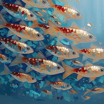 Turquoise and Gold Koi Fish Animal Wall Art – Koi Fish School Oil Painting