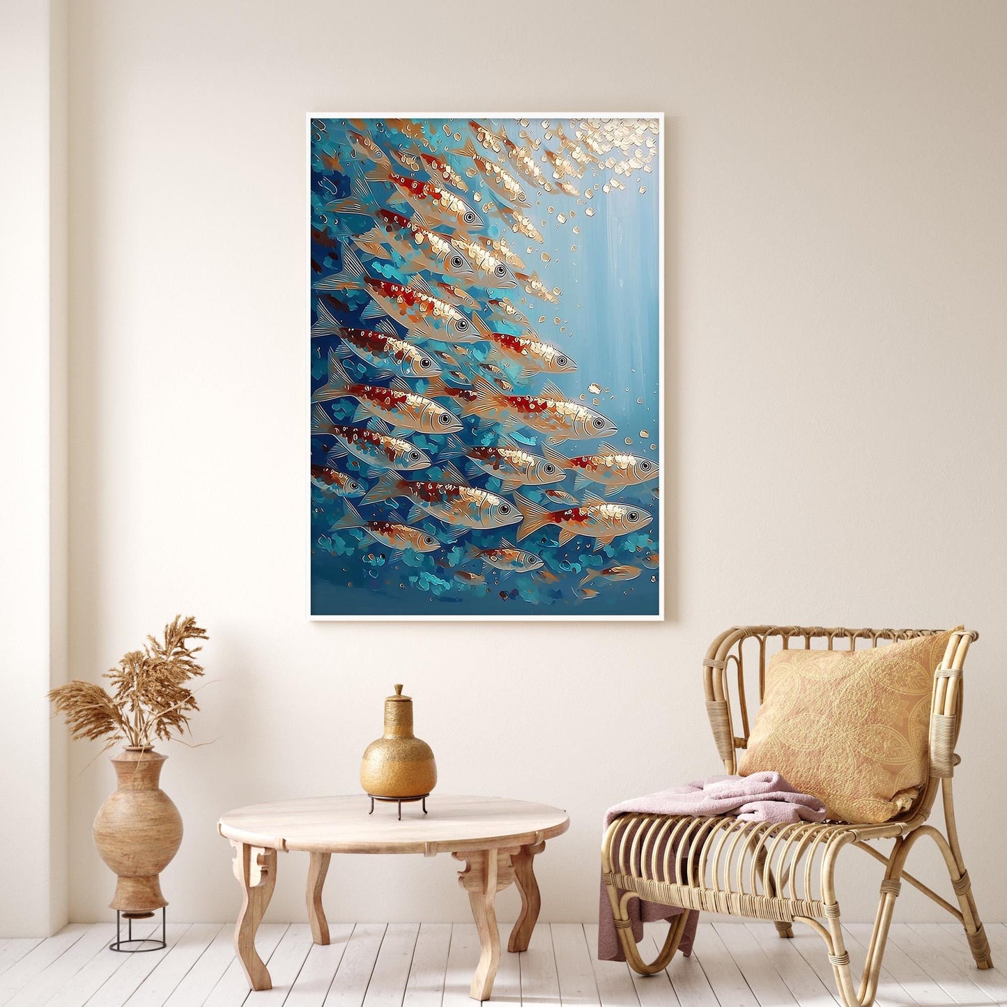 Turquoise and Gold Koi Fish Animal Wall Art – Koi Fish School Oil Painting