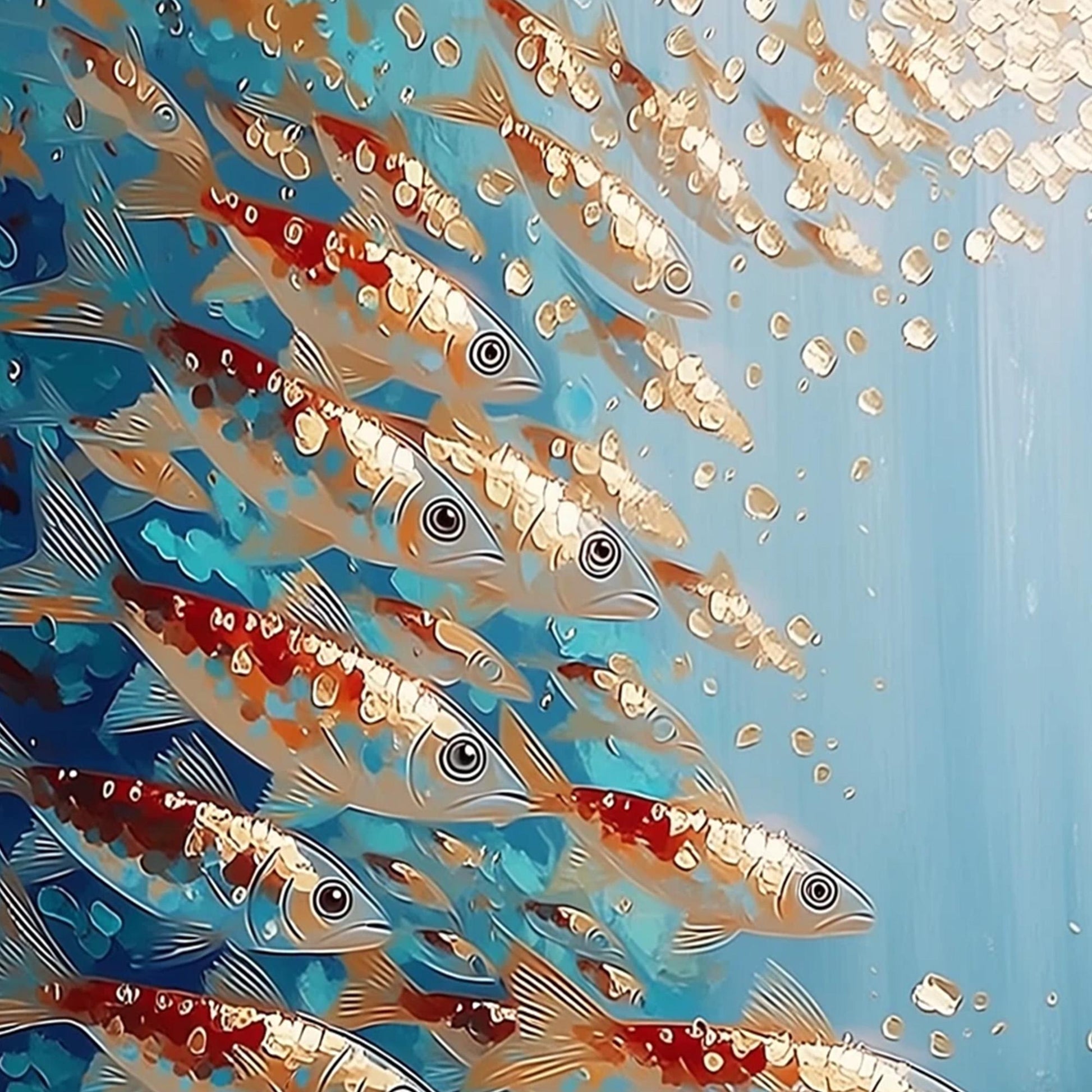 Koi Fish School Oil Painting – Turquoise and Gold Koi Fish Animal Wall Art | Hand-Painted Oil Painting, view 5