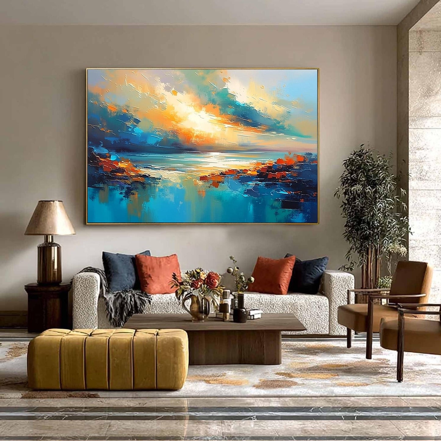 Turquoise and Teal Palette Knife Sunset Abstract Wall Art