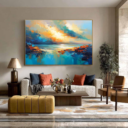 Turquoise and Teal Palette Knife Sunset Abstract Wall Art