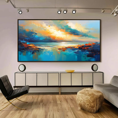 Turquoise and Teal Palette Knife Sunset Abstract Wall Art