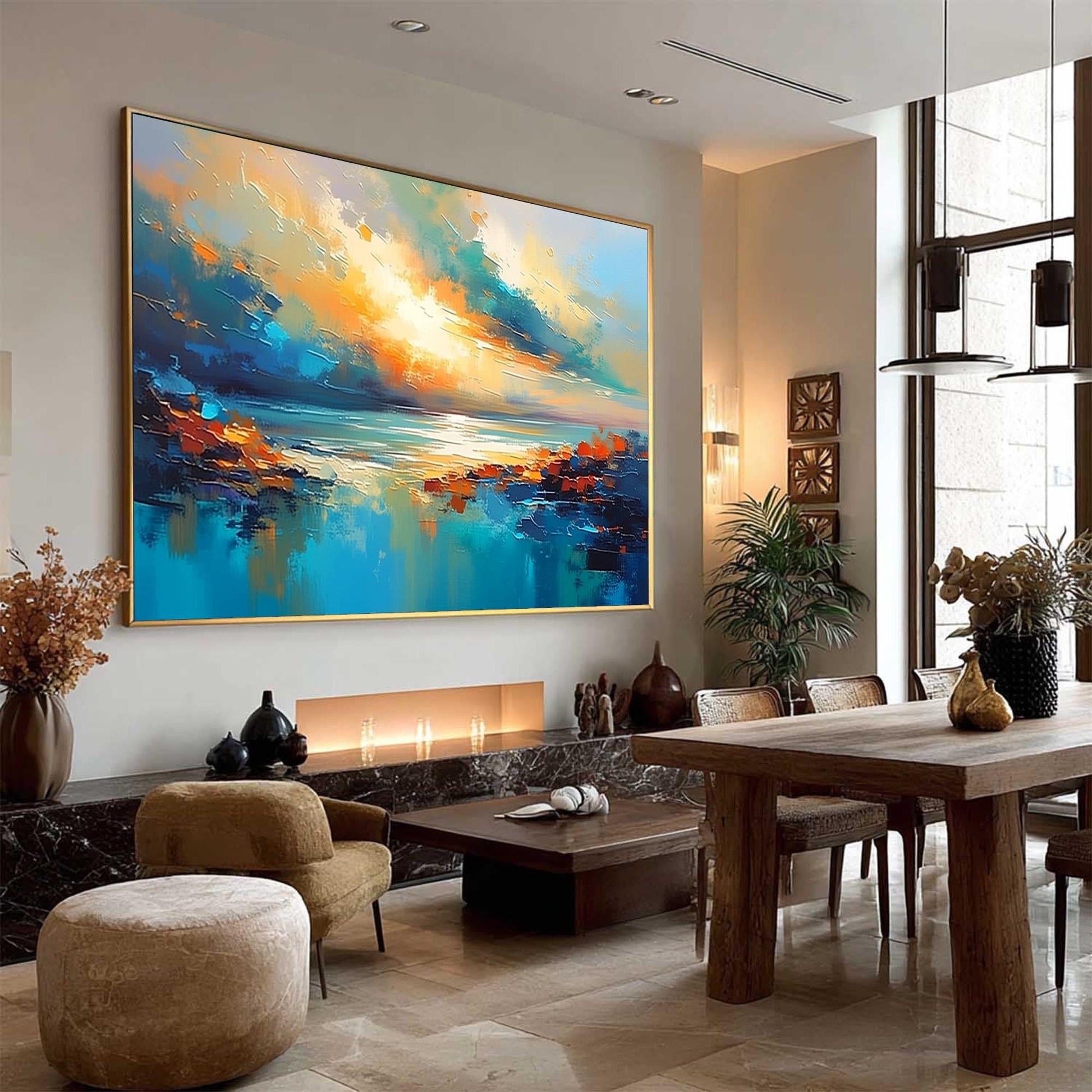 Teal Orange Sunset Painting – Turquoise and Teal Sunset Abstract Wall Art | Palette Knife Painting, view 2