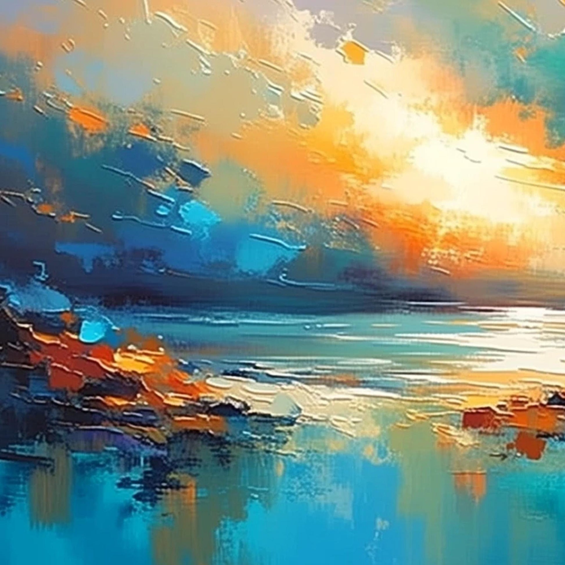 Teal Orange Sunset Painting – Turquoise and Teal Sunset Abstract Wall Art | Palette Knife Painting, view 5