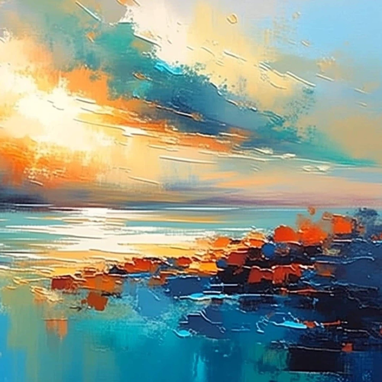 Turquoise and Teal Palette Knife Sunset Abstract Wall Art