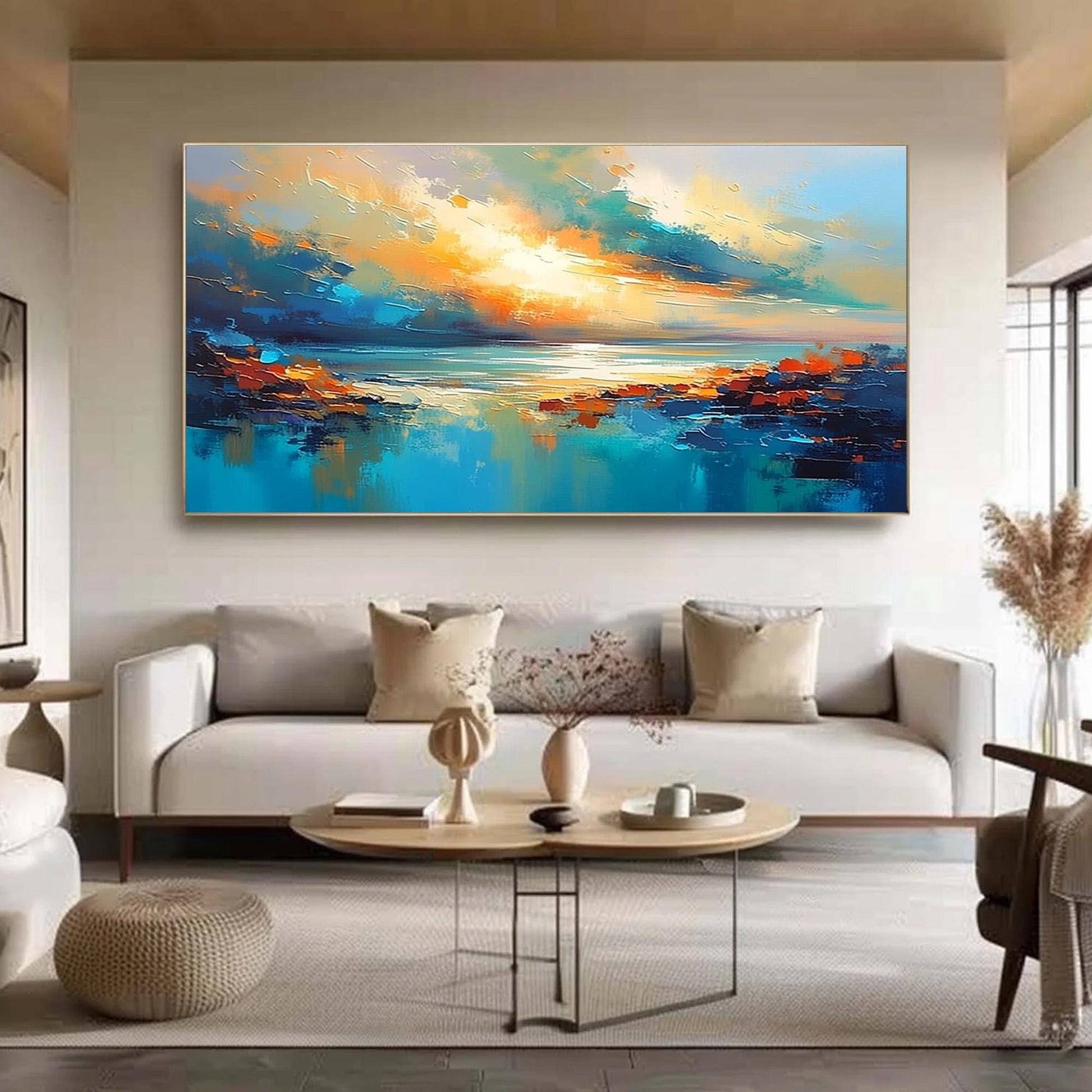 Teal Orange Sunset Painting – Turquoise and Teal Sunset Abstract Wall Art | Palette Knife Painting, view 1