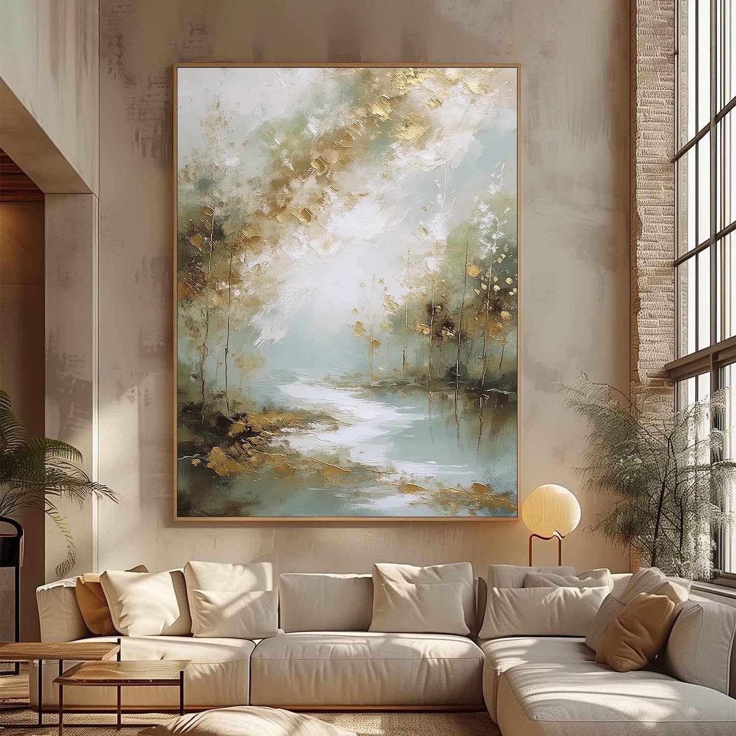 Gold Misty Forest Painting Sage Green River Canvas Neutral Modern Wall Art Decor – Sage and Green Forest Tree Wall Art | Pain