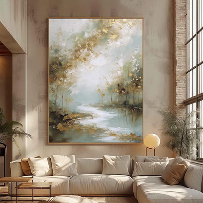 Gold Misty Forest Painting Sage Green River Canvas Neutral Modern Wall Art Decor – Sage and Green Forest Tree Wall Art | Pain