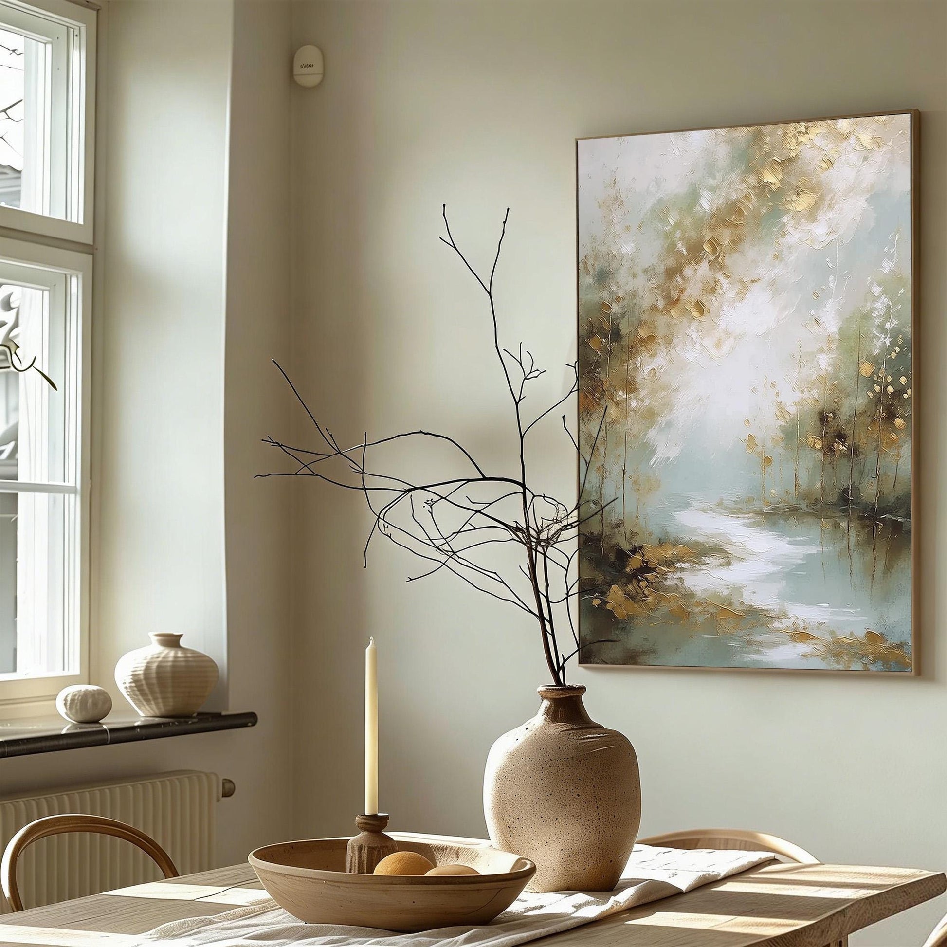 Gold Misty Forest Painting Sage Green River Canvas Neutral Modern Wall Art Decor – Sage and Green Forest Tree Wall Art | Pain