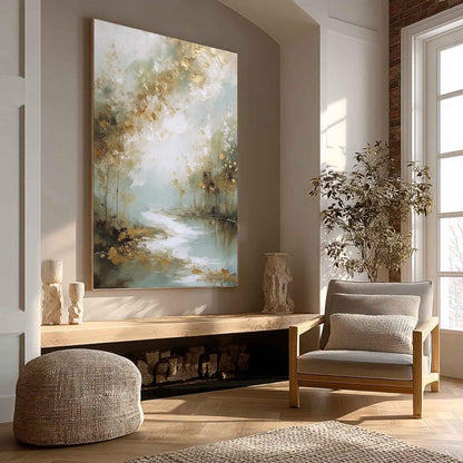 Gold Misty Forest Painting Sage Green River Canvas Neutral Modern Wall Art Decor – Sage and Green Forest Tree Wall Art | Pain