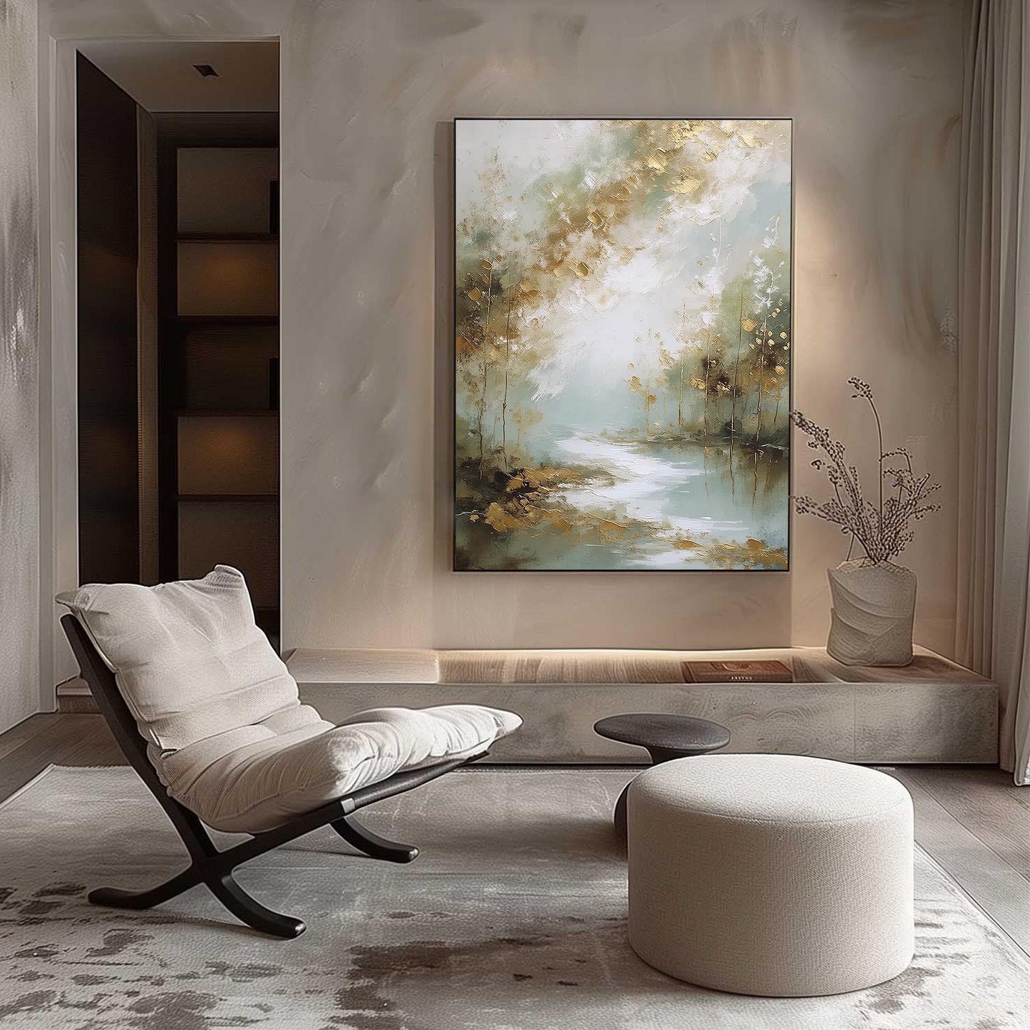 Gold Misty Forest Painting Sage Green River Canvas Neutral Modern Wall Art Decor – Sage and Green Forest Tree Wall Art | Pain
