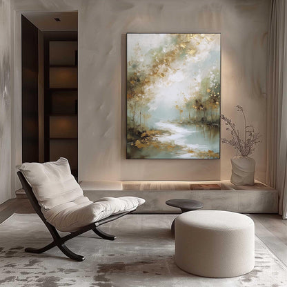 Gold Misty Forest Painting Sage Green River Canvas Neutral Modern Wall Art Decor – Sage and Green Forest Tree Wall Art | Pain