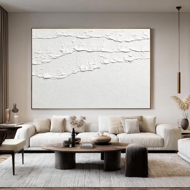 White 3D Abstract Ocean Wave Plaster Art – Minimalist Textured Beach Wall Art – Abstract Seascape Art