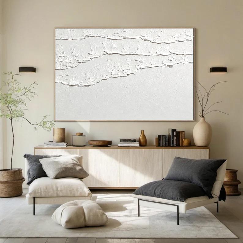 White 3D Abstract Ocean Wave Plaster Art – Minimalist Textured Beach Wall Art – Abstract Seascape Art