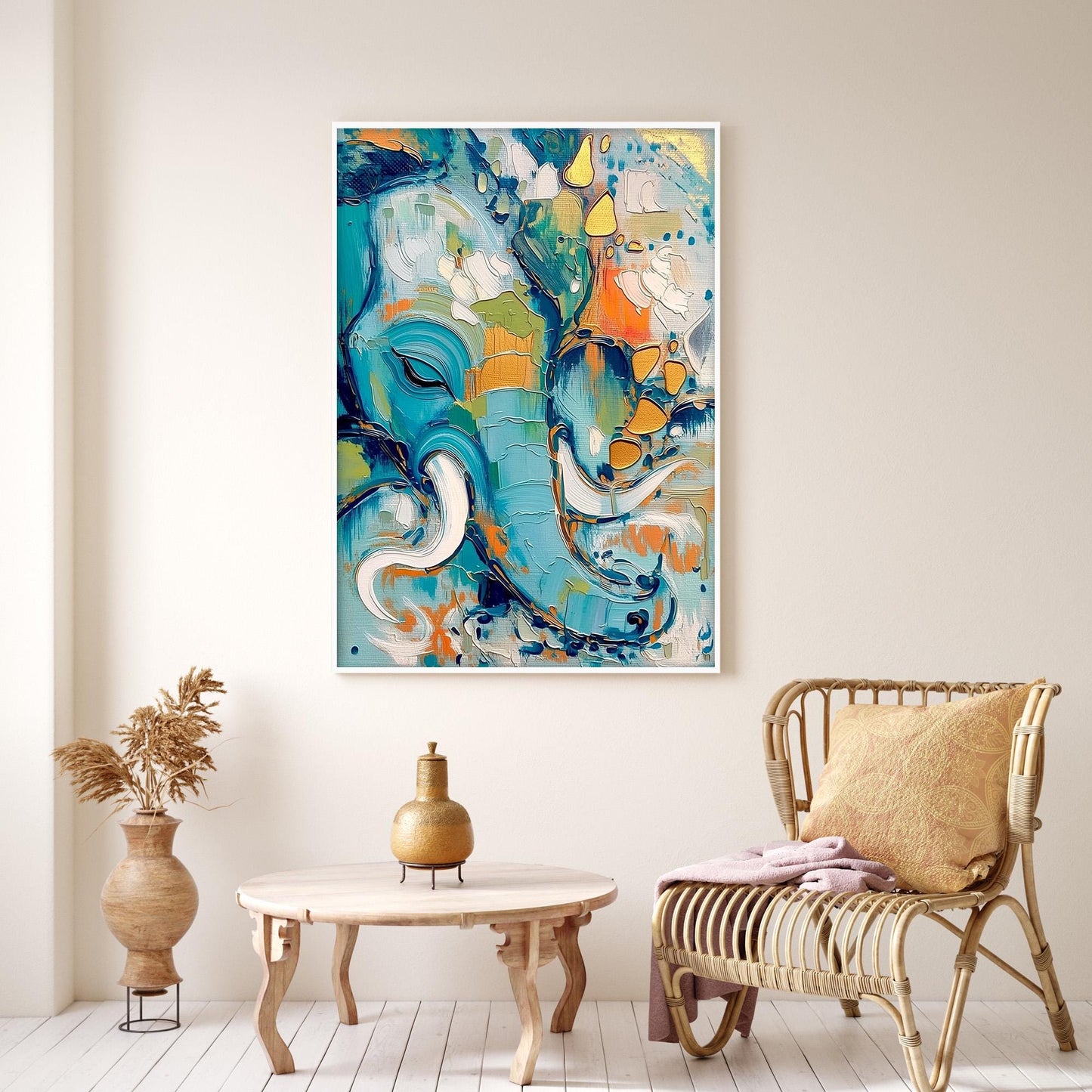 Turquoise and Orange Boho Elephant Animal Wall Art – Abstract Elephant Oil Painting