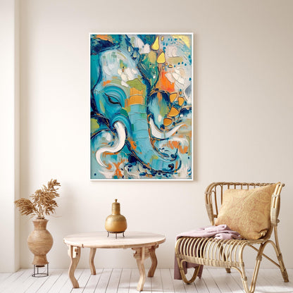 Turquoise and Orange Boho Elephant Animal Wall Art – Abstract Elephant Oil Painting