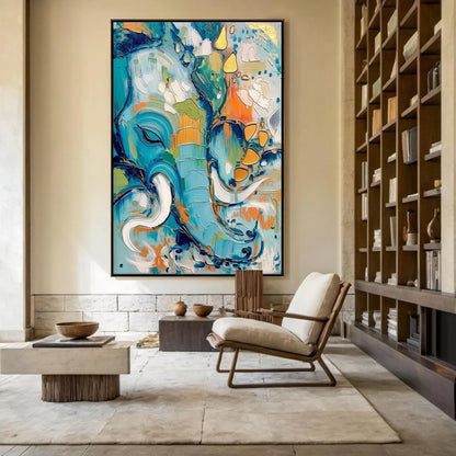 Turquoise and Orange Boho Elephant Animal Wall Art – Abstract Elephant Oil Painting