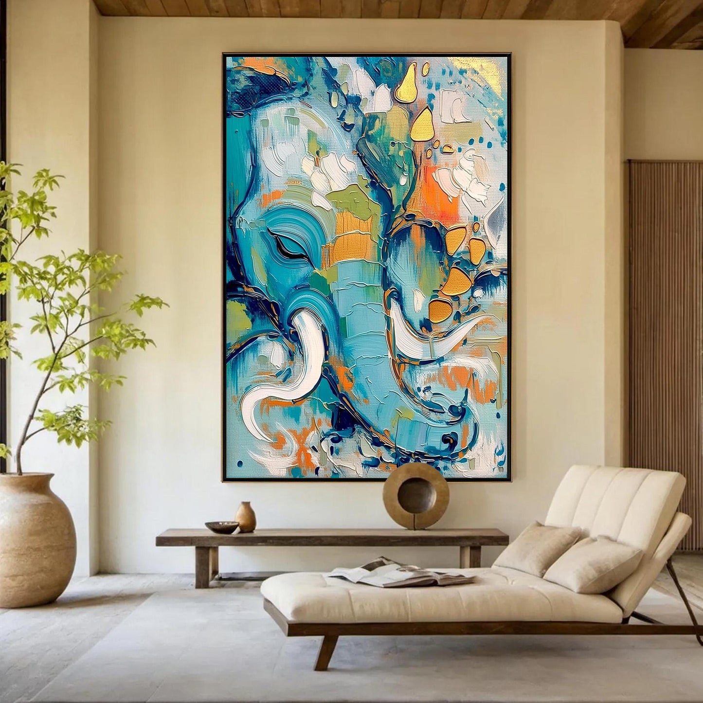 Turquoise and Orange Boho Elephant Animal Wall Art – Abstract Elephant Oil Painting