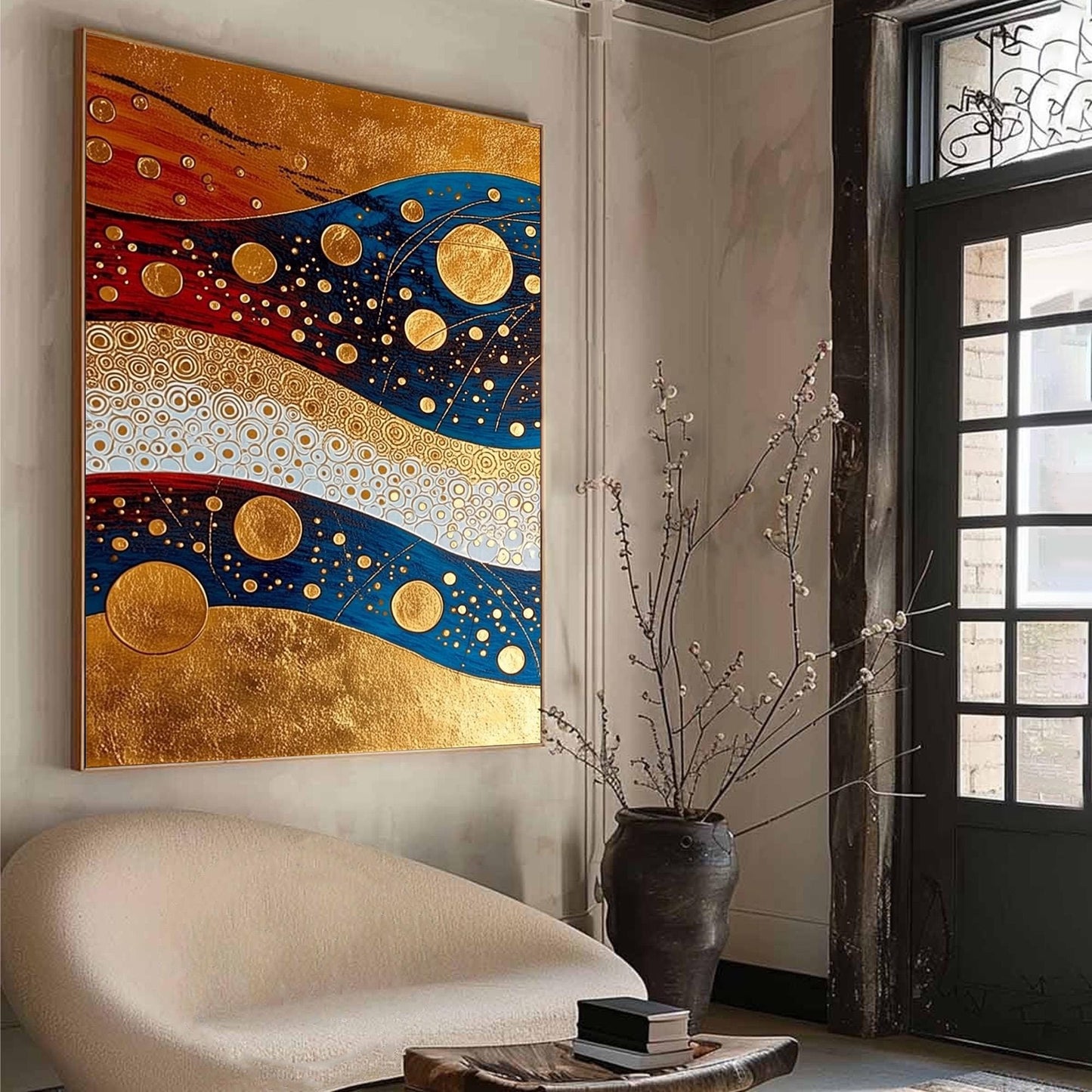 Art Deco Gold Blue Red – Blue and Gold Geometric Wall Art | Abstract Painting, view 2