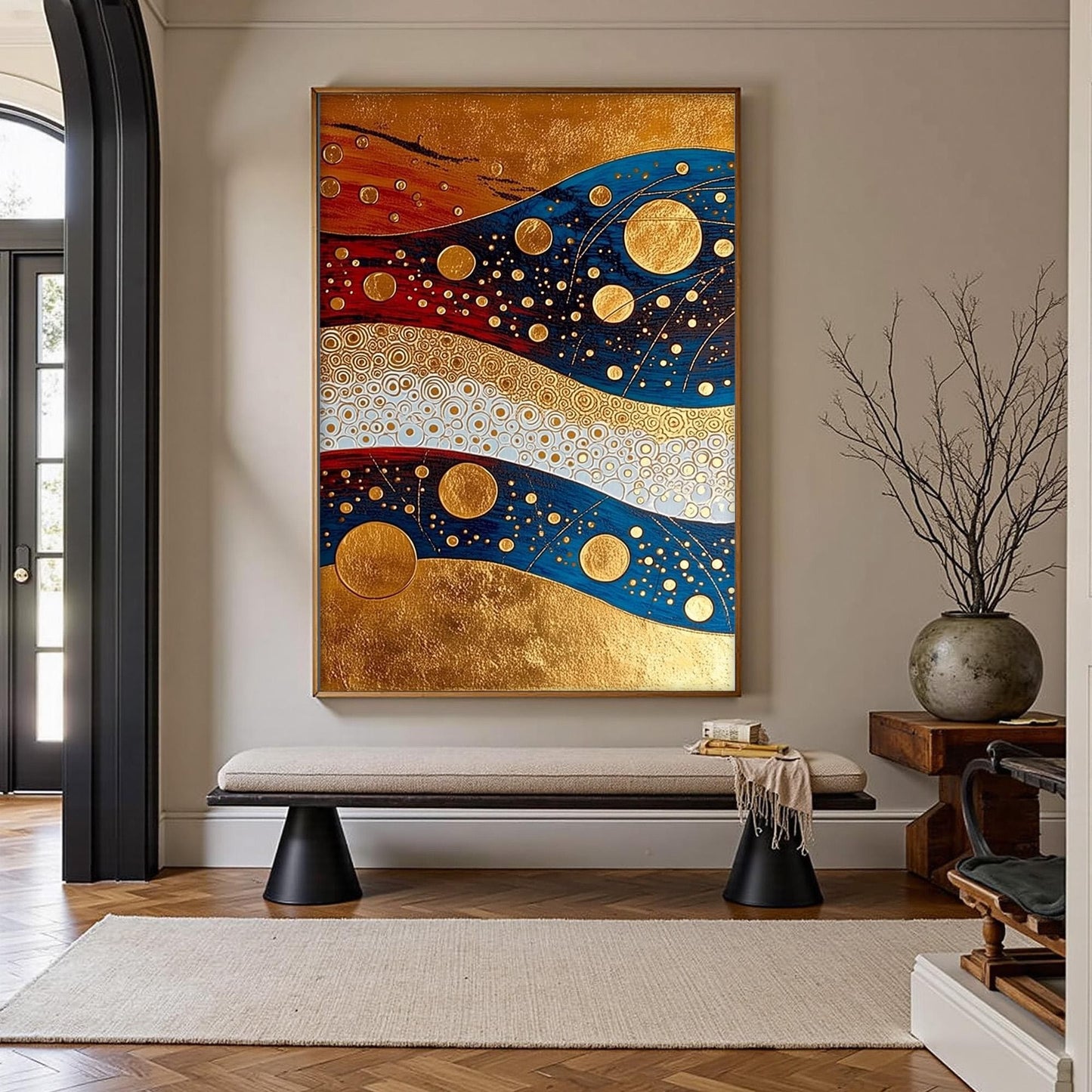 Art Deco Gold Blue Red – Blue and Gold Geometric Wall Art | Abstract Painting, view 1