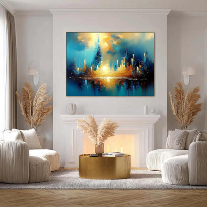 Teal and Gold Abstract Cityscape City Architecture Wall Art – Futuristic Skyline Painting