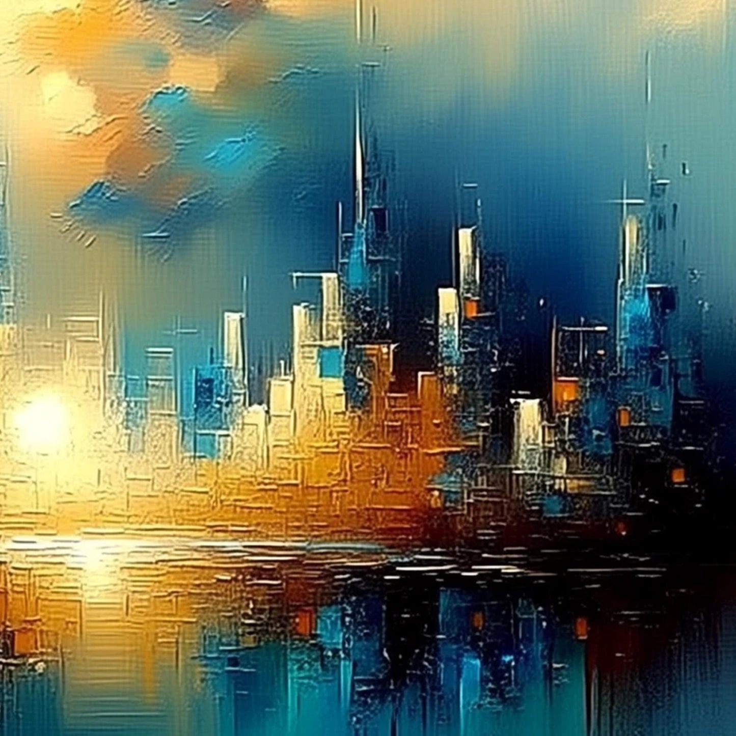 Futuristic Cityscape Painting Teal Gold – Teal and Gold Cityscape City Architecture Wall Art | Abstract Painting, view 5